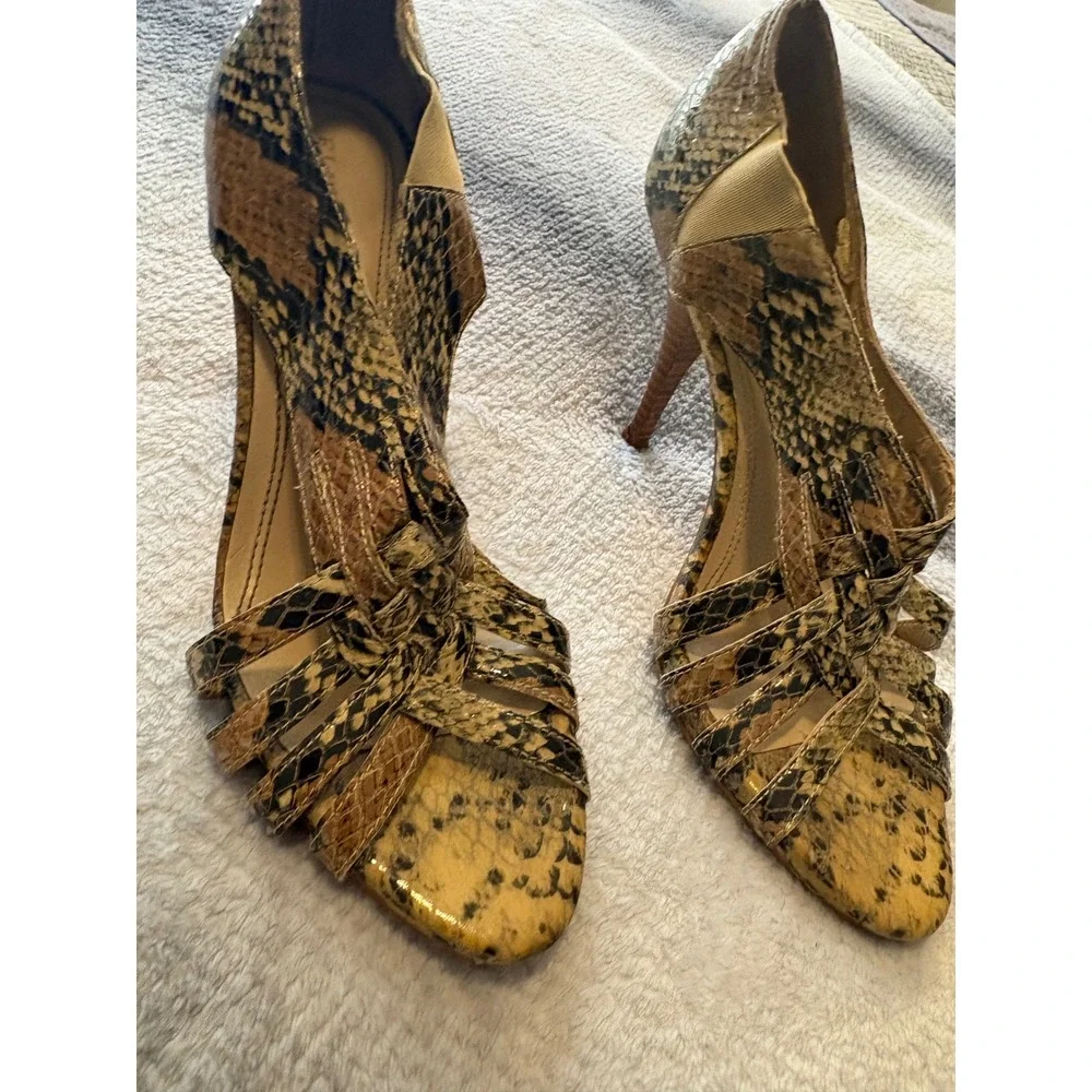 Ellen Tracy Ventura‎ Snakeskin Print Strappy Stiletto Heels Brown Tan Womens 7M